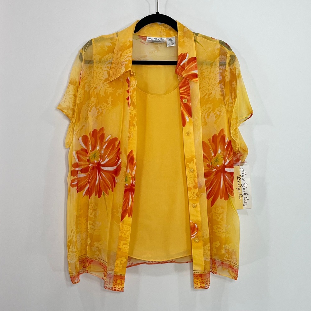 New York City Design Co Yellow Silk Floral Blouse Set Attached Tank XL NEW